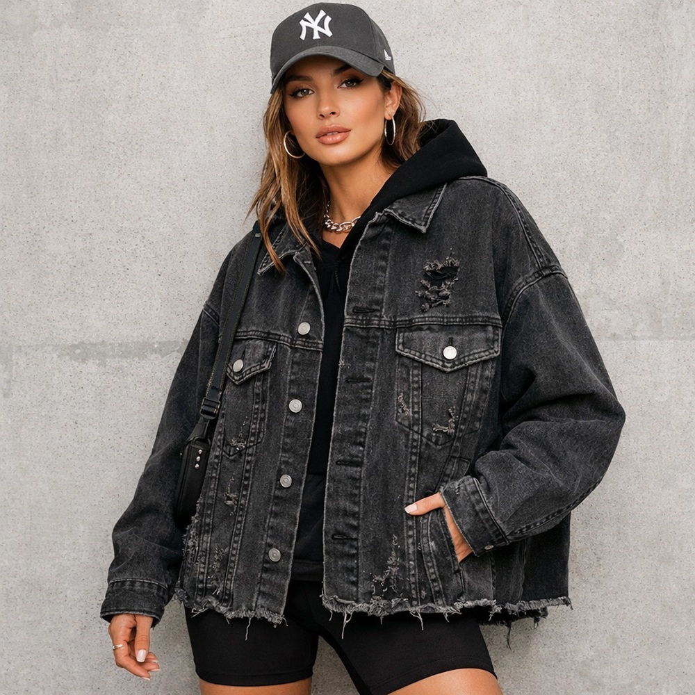 Carmar Oversized Distressed Black Denim Jacket Small Fits Large Raw Hem‎ Cotton